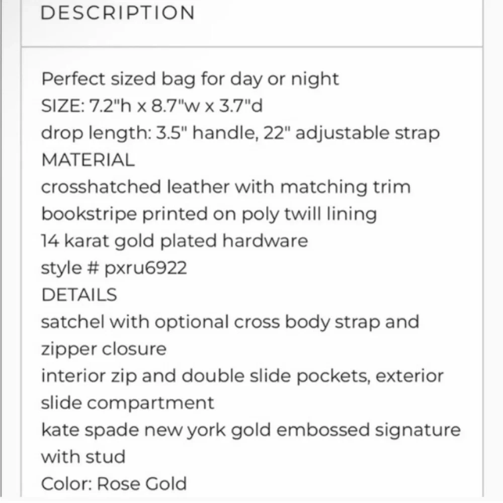 Kate Spade Metallic Rose Gold Tote Bag